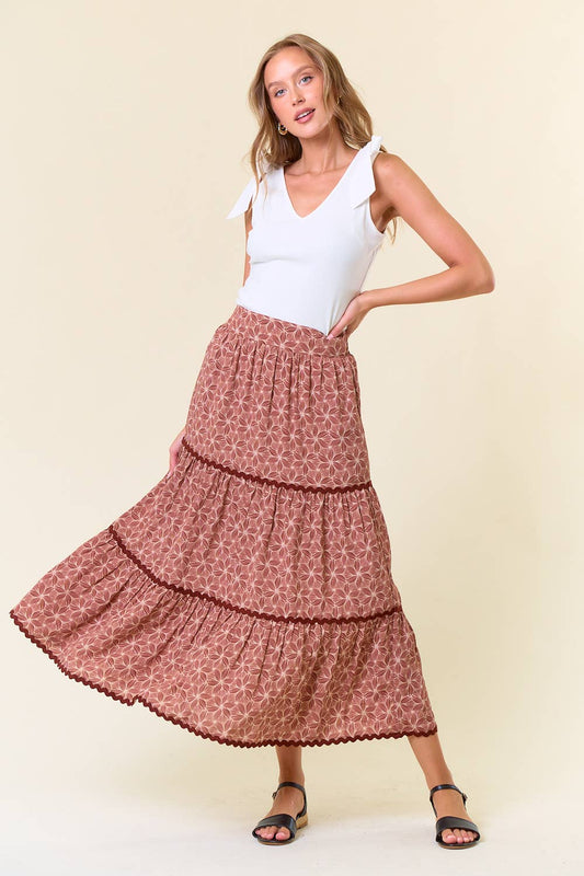 Geo Floral Rick Rack Lace Tiered Maxi Skirt