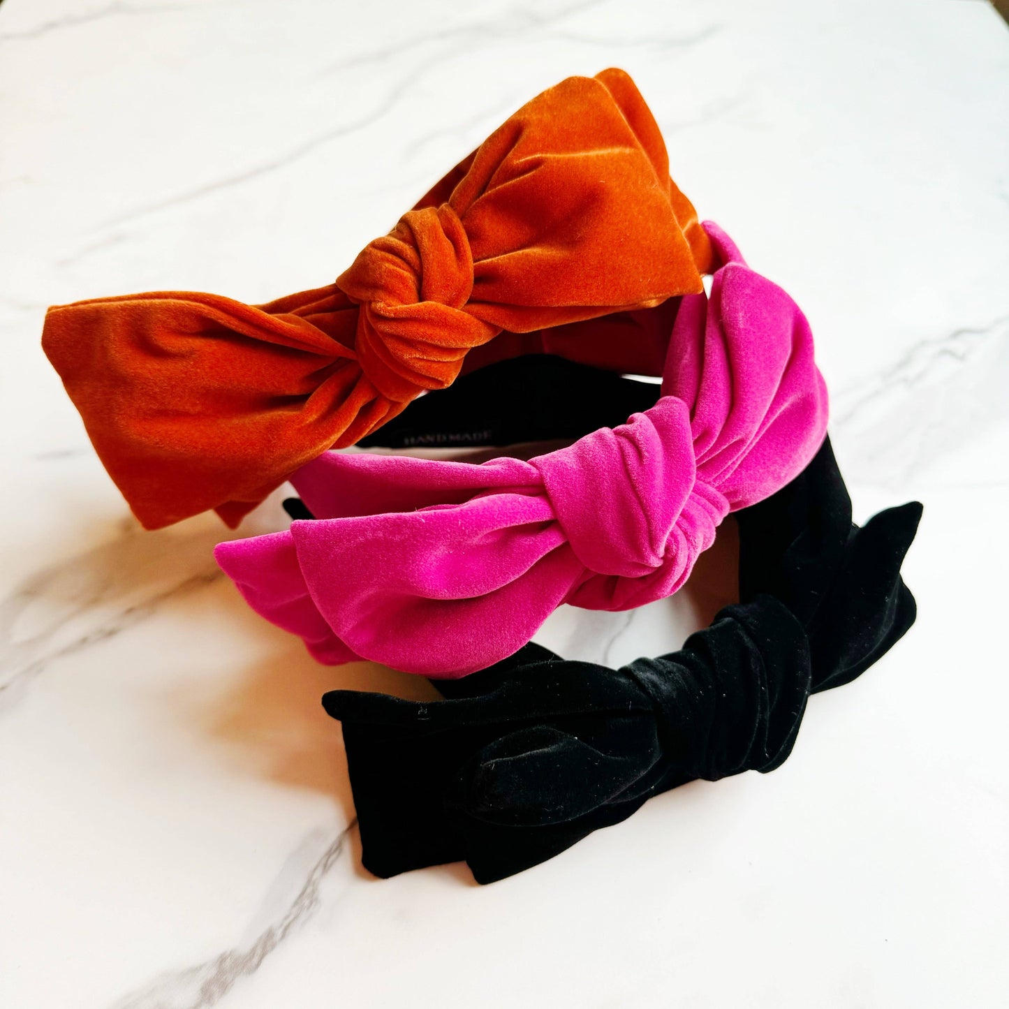 Structured Velvet Bow Headband: Deep Pink