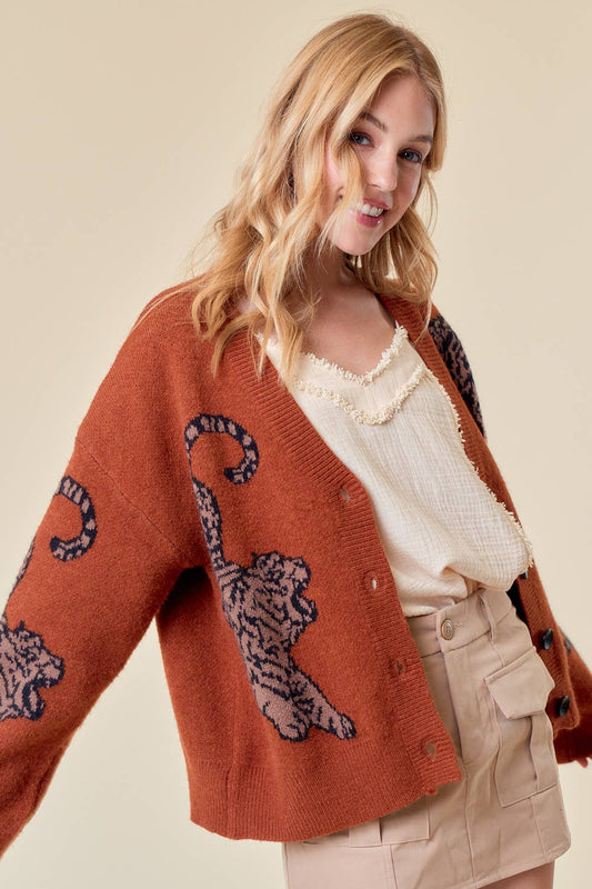 TIGER PRINTED SWEATER CARDIGAN - 1701C: ALMOND / S